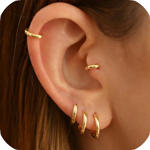 Velvoria Kleine goldene Creolen aus 925er Sterlingsilber für Damen und Herren, 18 Karat vergoldete Scharnier-Creolen für Knorpel, Helix, Tragus, Sung, Ohrläppchen (1 Paar – 6 mm) von Velvoria