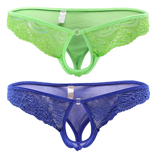 Mankini für Herren Lustige Sexy Hot Herren String Tanga Spitze Slip Dreieck Höschen Open Front Hole Unterwäsche Lustiges Kostüm, 2 Stück grün + blau, Einheitsgröße von VemeFufu