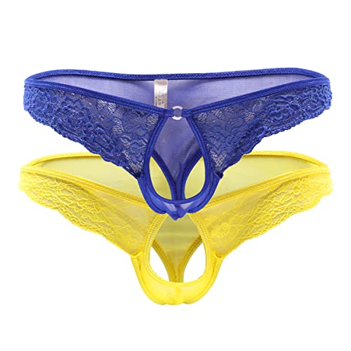 VemeFufu Sexy String C String G Slip Tanga Männer Erotische Unterwäsche Spitze Offene Front Männer Hot Niedrige Taille Elastische Bikini Thong Männliche Höschen, A Blau + Gelb, Einheitsgröße von VemeFufu