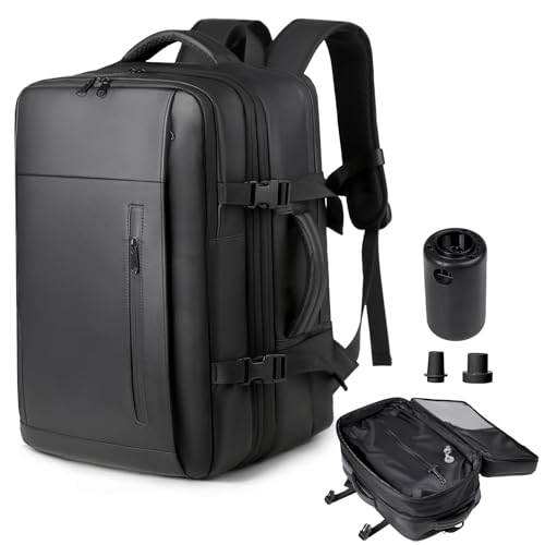 Vakuum Rucksack Herren, Rucksack Handgepäck Flugzeug 45x36x20 Easyjet, 35L-55L Reiserucksack Erweiterbar Travelite Rucksacks Groß Vacuum Airbag mit Pumpe, 15.6 Zoll Laptopfach - Schwarz von Venchin