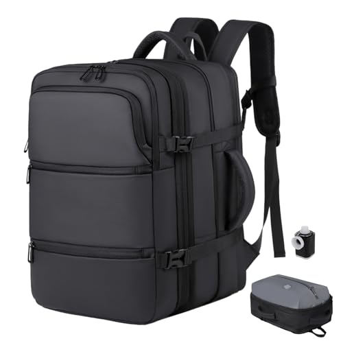 Venchin Vakuum Rucksack Schwarz, Reiserucksack Handgepäck Flugzeug 45x36x20, Groß Airbag Rucksack mit Pumpe, 50L Reiserucksack Wasserfester/Laptopfach/Brustgurt/Ausbaufähig Damen Herren von Venchin