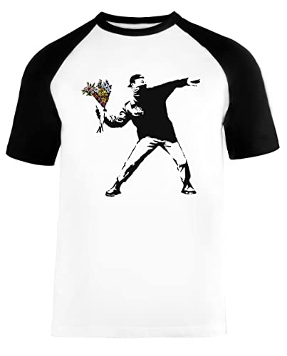 Banksy - Rage, Blume Werfer Unisex Baseball T-Shirt Kurze Ärmel Herren Damen Weiß Schwarz von Vendax