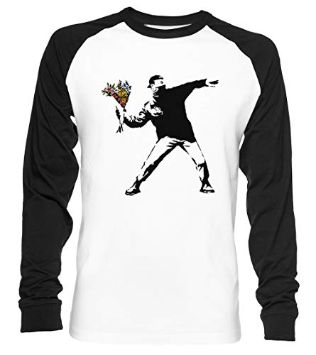 Banksy - Rage, Blume Werfer Unisex Baseball T-Shirt Langarm Herren Damen Weiß Schwarz von Vendax
