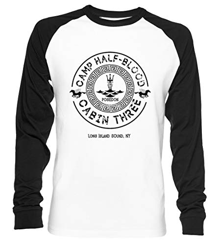 Percy Jackson - Camp Half-Blood - Cabin Three - Poseidon Unisex Baseball T-Shirt Langarm Herren Damen Weiß Schwarz von Vendax