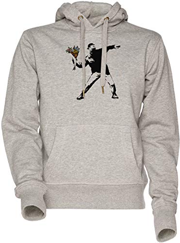 Vendax Banksy - Rage, Blume Werfer Unisex Herren Damen Kapuzenpullover Sweatshirt Grau Men's Women's Hoodie Grey von Vendax