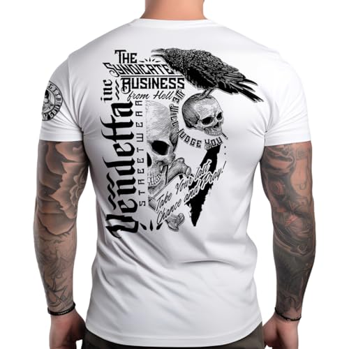 Vendetta Inc. Herren Rundhals Kurzarm Baumwoll Shirt Skull & Crow weiß VD-1339 (DE/NL/SE/PL, Alphanumerisch, L, Regular, Regular, Weiß) von Vendetta Inc.