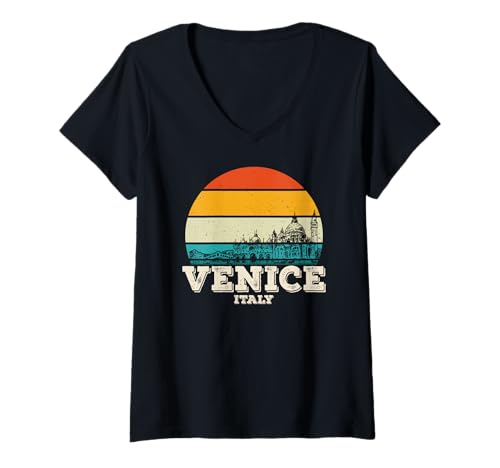 Damen Venedig Italien Retro Sonnenuntergang Venedig Reisen T-Shirt mit V-Ausschnitt von Venedig Vintage Souvenirs Outfit