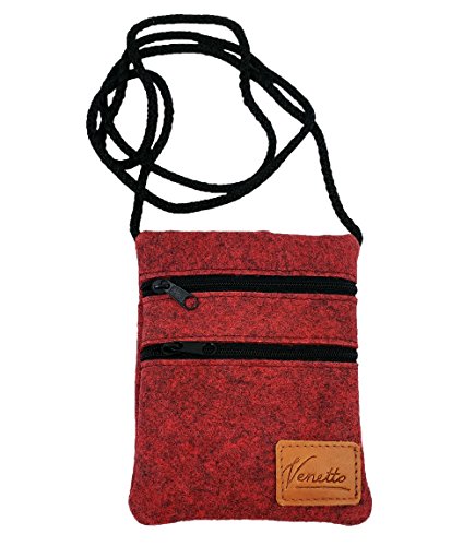 Brusttasche Reisetasche Umhängetasche Geldbeutel Brustbeutel Beutel Bag Hülle Etui Tasche Wandertasche Filztasche Halsband Schlaufe Täschchen Reißverschluss Filz (Rot meliert) von Venetto