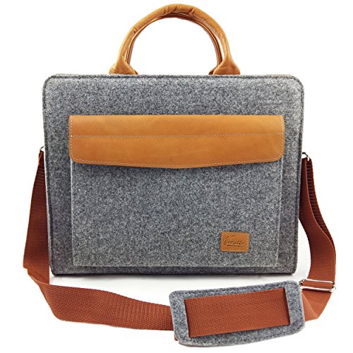 Venetto Filztasche Businesstasche Umhängetasche Aktentasche Arbeitstasche Handtasche Herren Damen Unisex Tasche aus Filz mit Schultergurt mit Echtleder-Applikationen für MacBook (Grau) von Venetto