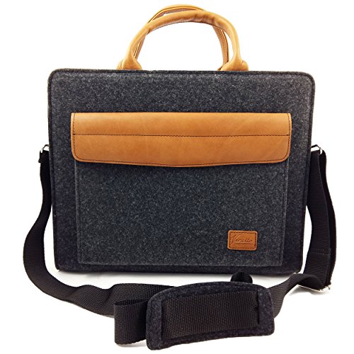 Venetto Filztasche Businesstasche Umhängetasche Aktentasche Arbeitstasche Handtasche Herren Damen Unisex Tasche aus Filz mit Schultergurt mit Echtleder-Applikationen für MacBook (Schwarz meliert) von Venetto