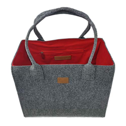 Venetto Filztasche Handtasche Damentasche Damen Henkeltasche Umhängetasche Einkaufstasche Shopper Tasche aus Filz (grau-rot) von Venetto