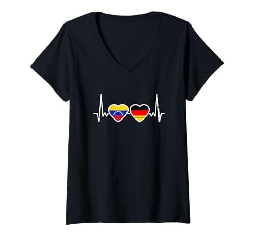 Damen Venezuela Deutschland Herzschlag Flagge Deutsch Venezolaner T-Shirt mit V-Ausschnitt von Venezolanische Wurzeln Stolz Venezuela Geschenke