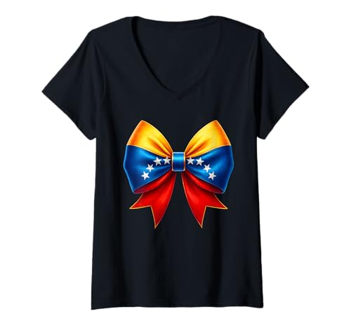 Damen Venezuela-Flagge Frauen Urlaub Venezuela Schleife Venezuela-Flagge T-Shirt mit V-Ausschnitt Damen Venezuela-Flagge Frauen Urlaub Venezuela Schleife Venezuela-Flagge T-Shirt mit V-Ausschnitt von Venezuela Flag Girls Celebrate Hispanic Heritage