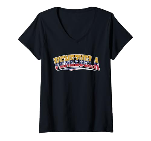 Damen Venezuela Map T-Shirt - Venezuelan Flag & Symbole Souvenir T-Shirt mit V-Ausschnitt von Venezuela Retro Apparel
