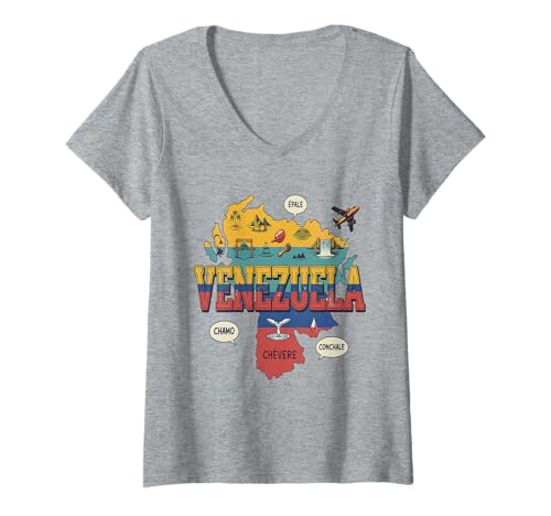 Damen Venezuela Map T-Shirt - Venezuelan Flag & Symbole Souvenir T-Shirt mit V-Ausschnitt von Venezuela Retro Apparel