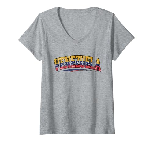 Damen Venezuela Map T-Shirt - Venezuelan Flag & Symbole Souvenir T-Shirt mit V-Ausschnitt von Venezuela Retro Apparel