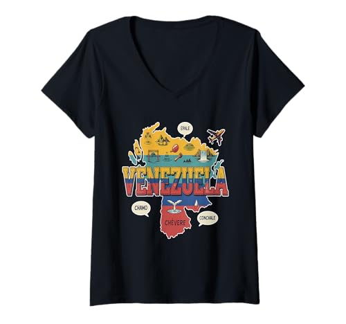 Damen Venezuela Map T-Shirt - Venezuelan Flag & Symbole Souvenir T-Shirt mit V-Ausschnitt von Venezuela Retro Apparel