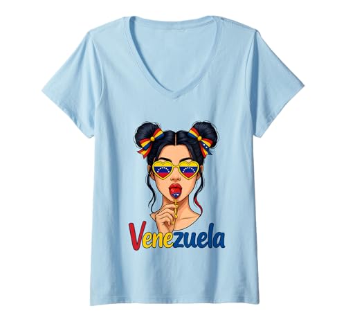 Damen Venezolanisches Mädchen Messy Bun Pride Latina Venezuela Flagge Frauen T-Shirt mit V-Ausschnitt von Venezuela Women Messy Bun Girls Venezuela Pride