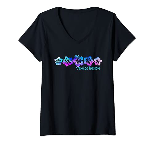 Damen Venice Beach Tropische Blume Design - Urlaub Strand T-Shirt mit V-Ausschnitt von Venice Beach Vacation Beach Designs