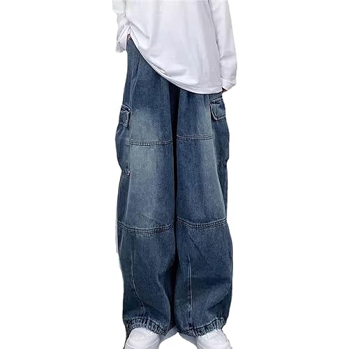 Damen High Waist Cargo Jeans Y2K Grunge Wide Leg Denim Hose Emo Goth Alternative Kleidung Fairycore Streetwear (Color : Blue, Size : 3XL) von Ventouse