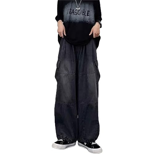 Damen High Waist Cargo Jeans Y2K Grunge Wide Leg Denim Hose Emo Goth Alternative Kleidung Fairycore Streetwear (Color : Schwarz, Size : M) von Ventouse