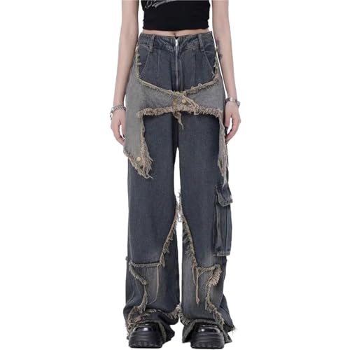 Ventouse Baggy Jeans für Damen, Stern Patchwork Y2K Jeans Hohe Taille Gerades Bein Emo Grunge Hose Vintage Harajuku Streetwear (Color : Blue, Size : S) von Ventouse