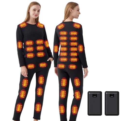 Ventouse Beheizte Unterwäsche Set mit 2-Powerbanks: 3 Heizstufen 42 Heizzonen Winter Damen Beheizte Hose und Top für Motorrad Jagd Ski Wintercamping (Schwarz-Damen, S) von Ventouse