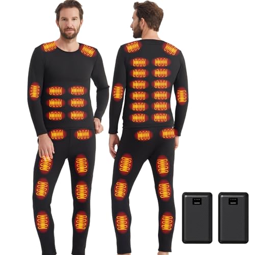 Ventouse Beheizte Unterwäsche Set mit 2-Powerbanks: 3 Heizstufen 42 Heizzonen Winter Herren Beheizte Hose und Top für Motorrad Jagd Ski Wintercamping (Schwarz-Herren, XL) von Ventouse