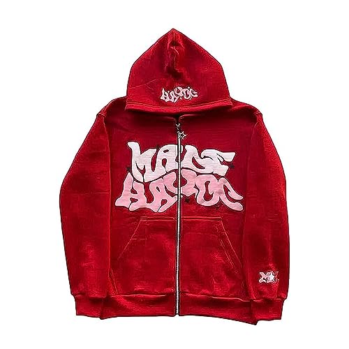 Ventouse Kapuzenjacke Goth Brief Graphics Harajuku Zipper Hoodie Retro Star Letter Print Jacke Y2K Übergroße Kapuzenpullover Vintage Monogram Print Harajuku Oversized Hoodie (Color : Red, Size : L) von Ventouse