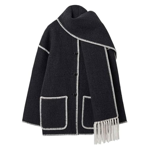 Ventouse Stilvoller Damen Wintermantel für Herbst, Einreihig, Langärmelig, Lose Passform | Jacke mit integriertem Schal | Eleganter Parka für kalte Tage (Color : Black 01, Size : S) von Ventouse