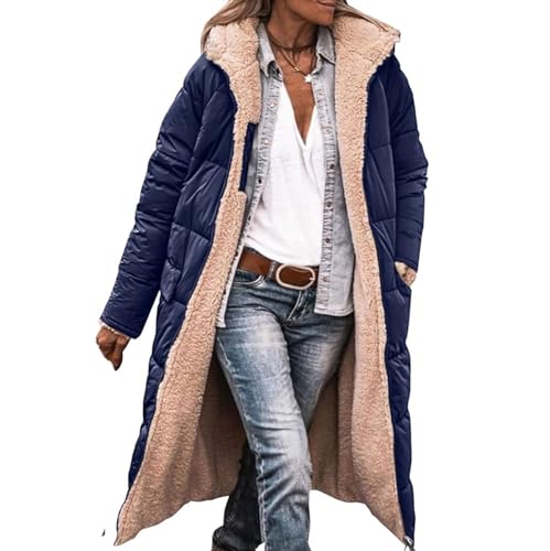 Ventouse Warme Wintermäntel für Damen, Wendbar Sherpa Fleece Lange Pufferjacken Oberbekleidung mit Kapuze (Color : Navy blue, Size : XL) von Ventouse