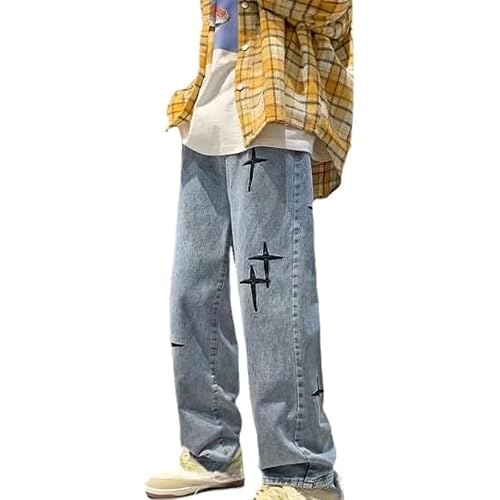 Ventouse Y2K Denim Streetwear für Herren, Baggy Jeans mit Kreuz Grafik, Weitbein Grunge Design, Harajuku Preppy Lässige Hosen (Color : Blue, Size : M) von Ventouse