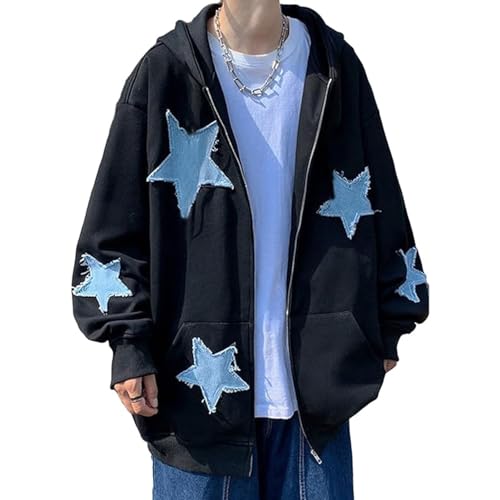 Ventouse Y2K Hoodie Zip Up Star Jacken Grunge Gothic Grafik Sweatshirt Acubi Emo Kapuzenpullover Tops Harajuku Kleidung (Color : A-Black, Size : 3XL) von Ventouse