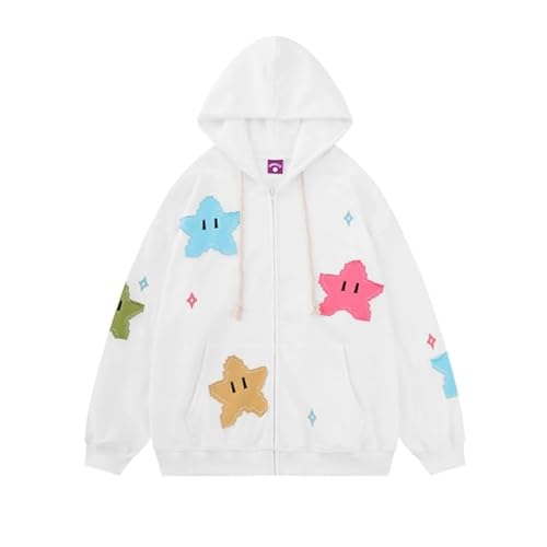 Ventouse Y2K Hoodie Zip Up Star Jacken Grunge Gothic Grafik Sweatshirt Acubi Emo Kapuzenpullover Tops Harajuku Kleidung (Color : B-White, Size : M) von Ventouse