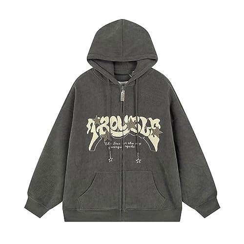 Ventouse Y2K Retro Cord Kapuzen-Sweatshirt, Übergroße Sterngrafik & Buchstabendruck Zip-Up Hoodie-Jacke, Kultiges Grunge Paar Kleidungsset (Color : Gray, Size : M) von Ventouse