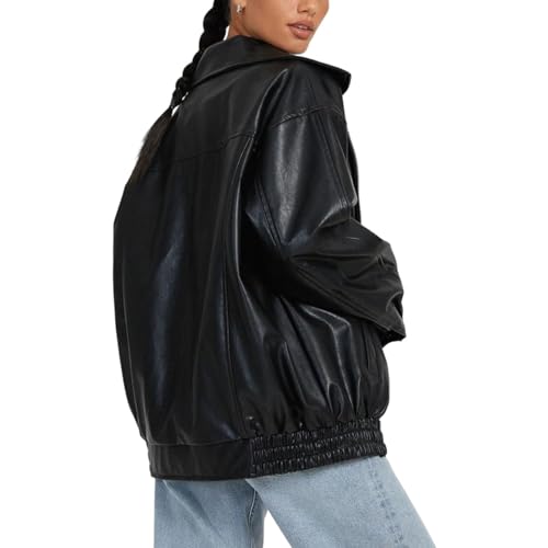 Vintage Y2K Damen Lederjacke Polo-Kragen, Oversized-Passform, Lange Länge Modische Kunstleder Motorrad Bikerjacke für Herbst Winter Trendiger Bombermantel, Perfekte Streetwear (Color : Schwarz, Size von Ventouse