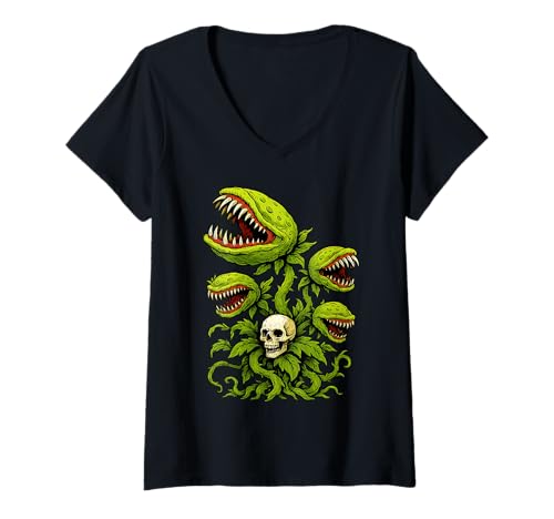 Damen Venus Fliegenfalle Fleischfressende Pflanzen Schädel Männer Frauen T-Shirt mit V-Ausschnitt von Venus Flytrap Carnivorous Plants Gothic Art