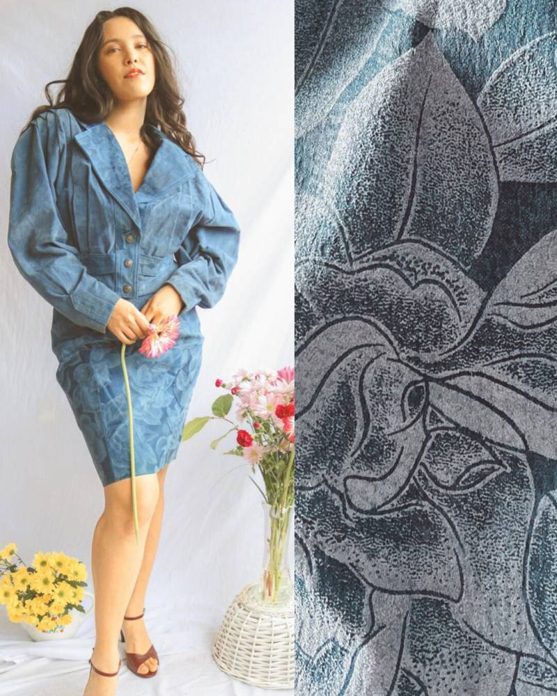 80Er Blaue Wildleder Floral Dolman Ärmel Vintage Jacke Bleistift Rock Paris Sport Club Fledermausärmel 2 Stück Set Small 4 Western 1980S von VenusVestiaireVtg