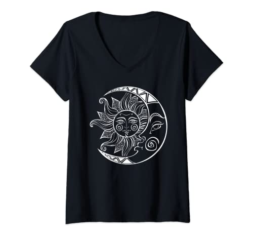 Damen Raumsterne Sternbild Retro Sonne Mond Coole Kosmische Geschenke T-Shirt mit V-Ausschnitt von VepaDesigns Space