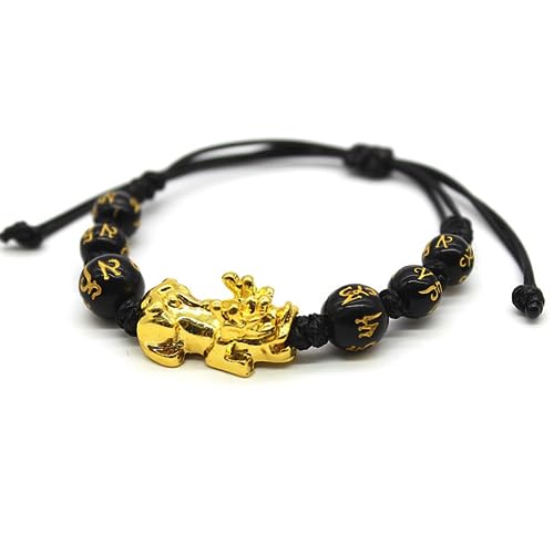 Vepoty Schwarzer Feng Shui Perlenarmband, Einstellbares Obsidian Armband Pi Xiu Armband Handgeschnitztes Amulett Für Viel Glück Reichtum von Vepoty