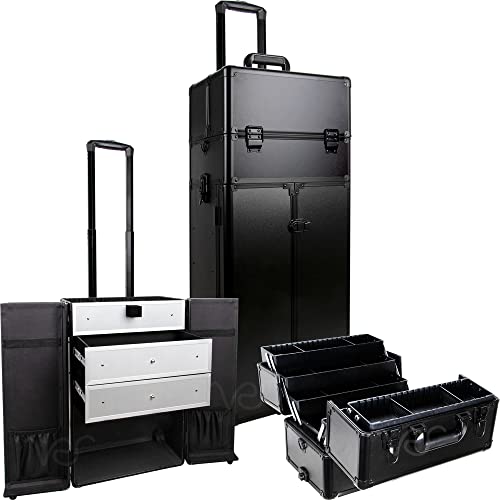 3-in-1 Professioneller Make-up-Kosmetik-Zug-Organizer mit ausziehbaren Fächern, verstellbaren Trennwänden, Spiegel, extra Deckel, große Schubladen, Schwarz matt, Professioneller Make-up-Koffer mit von Ver Beauty