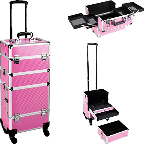 VER Beauty 7 in 1 Professionelle Aluminium Austauschbare Rollen Make-up Zug Fall Große Kapazität Trolley Reise Lagerung Kosmetik Organizer Tragbare Extra Deckel Schiebe Tablett VT019, Pink, 7 in 1 von Ver Beauty