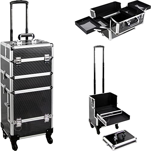 VER Beauty 7 in 1 Professionelle Aluminium Austauschbare Rollen Make-up Zug Fall Große Kapazität Trolley Reise Lagerung Kosmetik Organizer Tragbare Extra Deckel Schiebe Tablett VT019, Schwarz, 7 in 1 von Ver Beauty