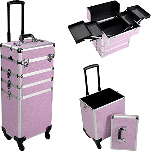 VER Beauty 9 in 1 Professionelle Aluminium Austauschbare Rollen Make-up Zug Fall Große Kapazität Trolley Reise Lagerung Kosmetik Organizer Tragbare Extra Deckel VT020, Rosa Kristalle, 9 in 1 von Ver Beauty