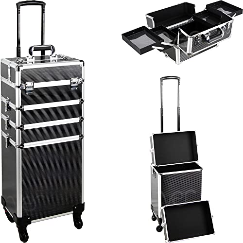 VER Beauty 9 in 1 Professionelle Aluminium Austauschbare Rollen Make-up Zug Fall Große Kapazität Trolley Reise Lagerung Kosmetik Organizer Tragbare Extra Deckel VT020, Schwarzer Streifen, 9 in 1 von Ver Beauty