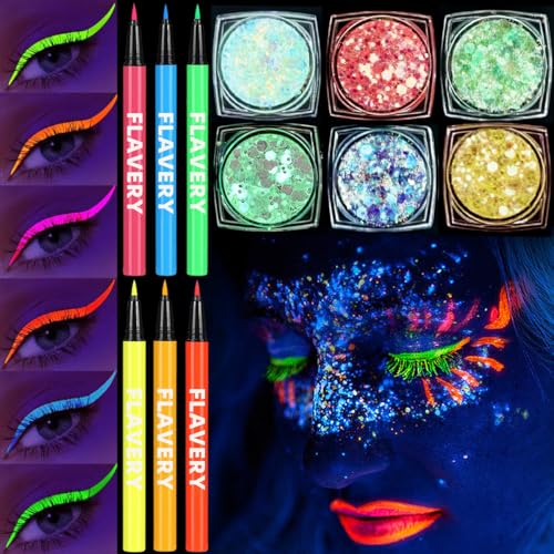 6 Farben Festival Glitzer Gesicht und 6 Bunt Eyeliner,Fluoreszierendes Glitzer,Face Body Glitter,Körperglitzer,Karneval Halloween Neon Party Make Up von VerLuky