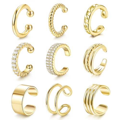 9 Stück Ear Cuff Gold Set für Damen,Fake Piercing,Clip on Ohrringe,Ohrklemme Vergoldet,Ohrklemme Gold mit Geschenkbox,Ohrringe Set für Mehrere Piercings von VerLuky