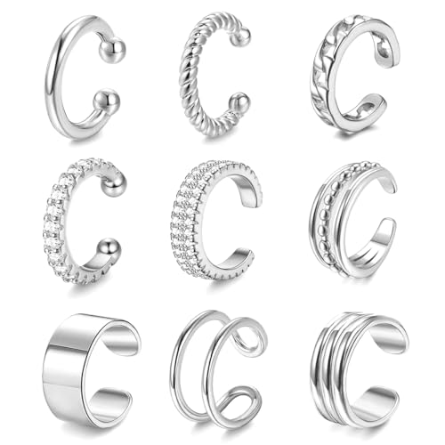 VerLuky 9 Stück Ear Cuff Set für Damen, Ohrklemme Silber, Clip on Ohrringe, Ohrklemme Set für Mehrere Piercings von VerLuky