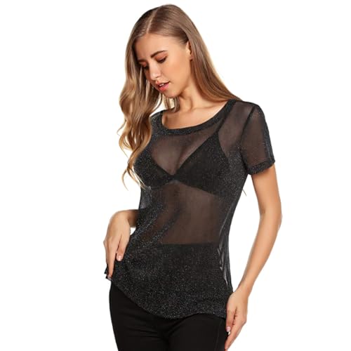 Glitzer Oberteile Damen, Glitzer Top Schwarz, Mesh Oberteil, Festival Oberteil Damen, Netzoberteil Festival, Party Transparent Top, Sexy Durchsichtig Shirt für Party, Club von VerLuky