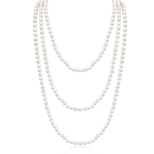 VerLuky 2 Stück 150cm Perlenkette Damen Weiß,Lange Perlenkette 20er jahre Damen,Elegante Künstliche Perlenkette,20s Assecoires Damen Perlenschmuck,Gatsby Accessoires Damen für Fasching von VerLuky